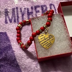 Red Beaded Bracelet With Gold Heart Charm and red gift box